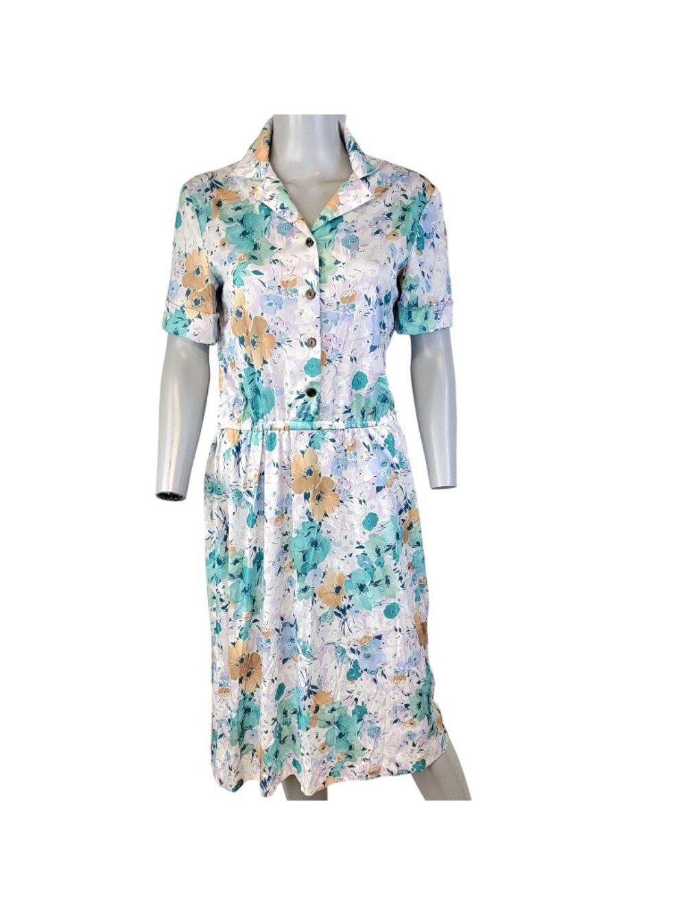 Vintage 70s Nylon Midi Shirt Dress Women Large 12 14 Blue Floral Collar Spring L